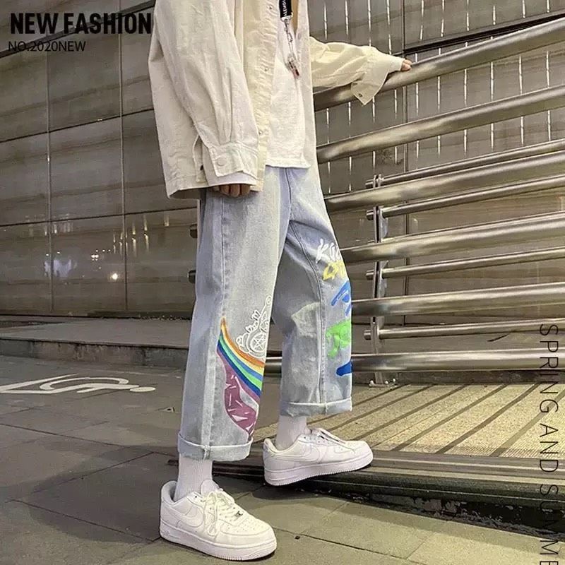 QUẦN JEANS ỐNG RỘNG DÁNG SUÔNG T-A-N PHONG CÁCH HÀN QUỐC-QJI11-THỜI TRANG UNISEX-có size Nam Nữ hình in,màu xanh nhạt