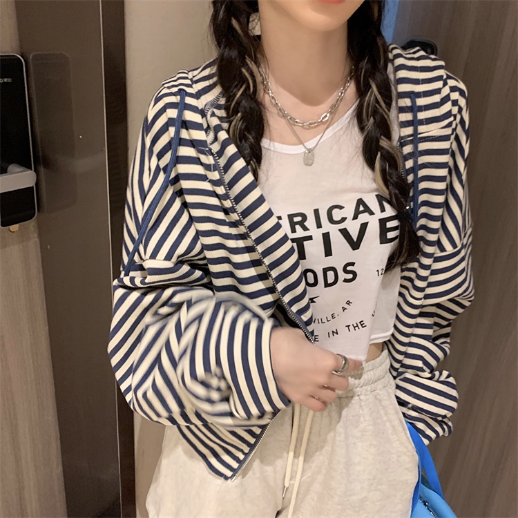 Áo khoác cotton dài tay in sọc phối khóa kéo phong cách retro Hong Kong năng động | BigBuy360 - bigbuy360.vn