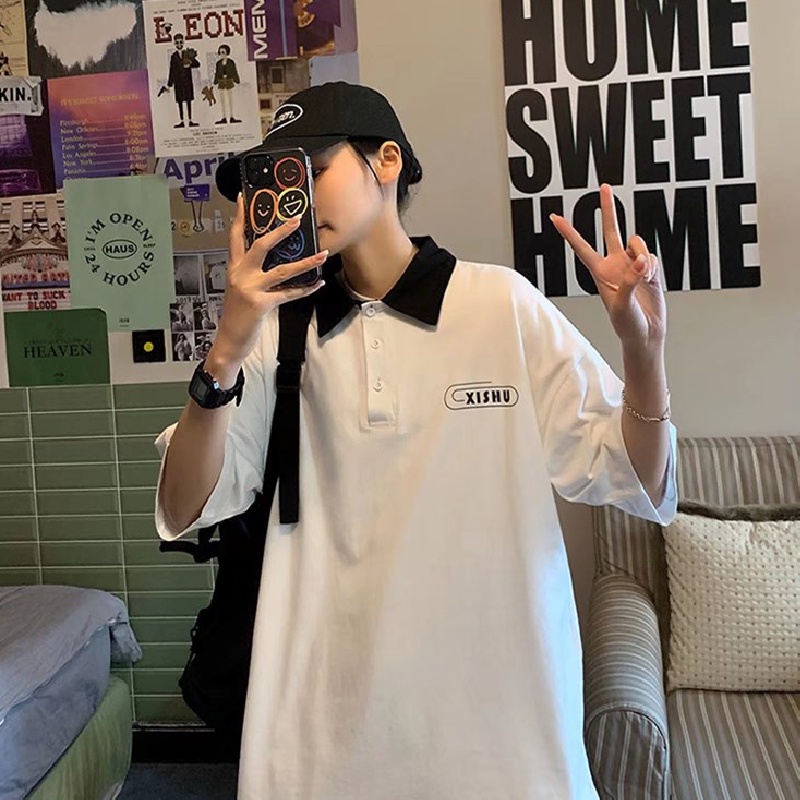 Áo Thun polo Có Cổ Thêu Chữ size M-3XL Phong Cách Hip Hop Cho Nam