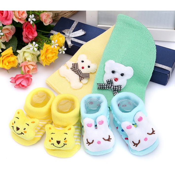 Combo 2 Nón Len + 2 Vớ 3D Cực Cute Giữ Ấm Cho Bé