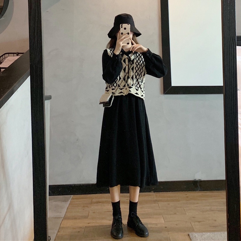 Set Đồ Đôi Thu Đông Big Size Chị Chị Em Em, Áo Gile Len Mix Đầm Nhung Bo Eo Co Giãn