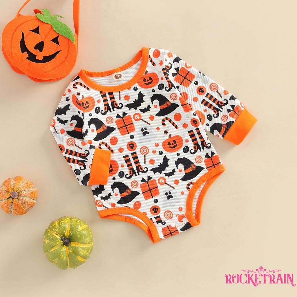 Áo Liền Quần Dài Tay Cổ Tròn Họa Tiết Bí Ngô Halloween Cho Bé