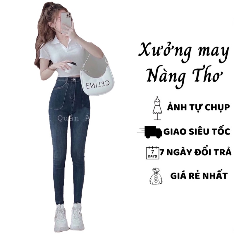 Set quần Jean ôm giãn mix áo Croptop chất giãnh mạnh 2 lớp cổ bẻ Ảnh chụp thật