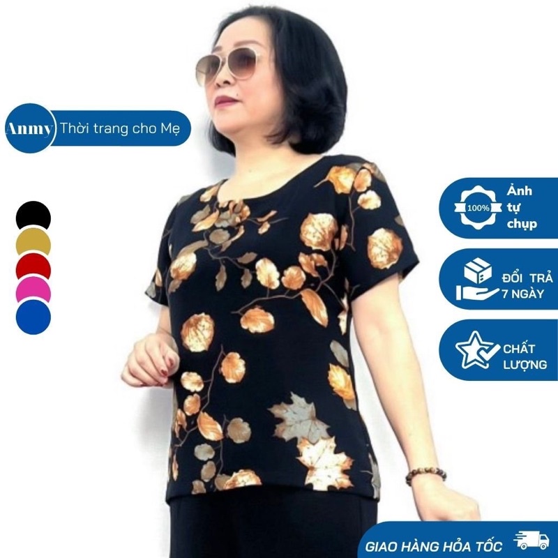 Áo trung niên nữ Anmyshop, áo kiểu cho mẹ cộc tay, cổ tròn. Chất liệu lụa Hàn cao cấp dáng xuông