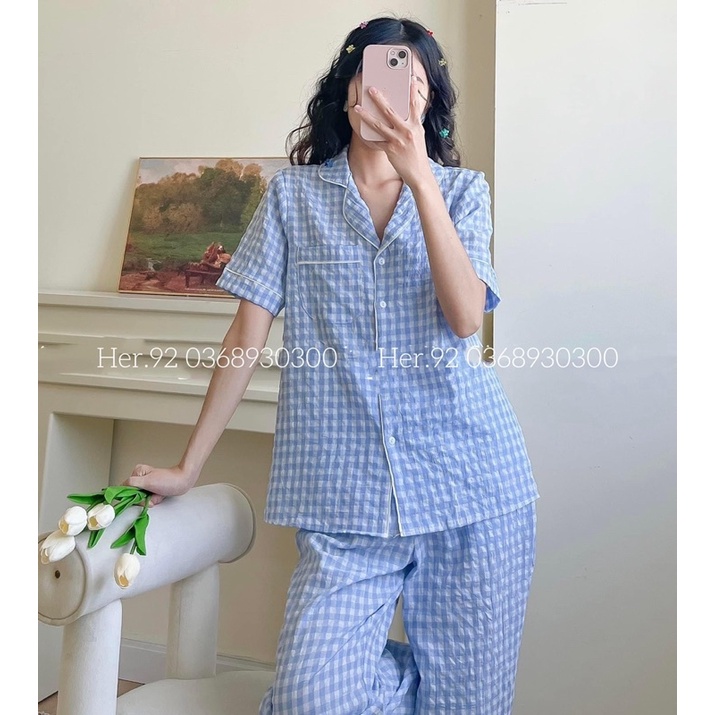 Bộ Pijama Hoạ Tiết Kẻ Ô Chất Đũi Mềm Siêu Thích Hàng Thiết Kế Cao Cấp Đồ Ngủ Nữ Mặc Nhà