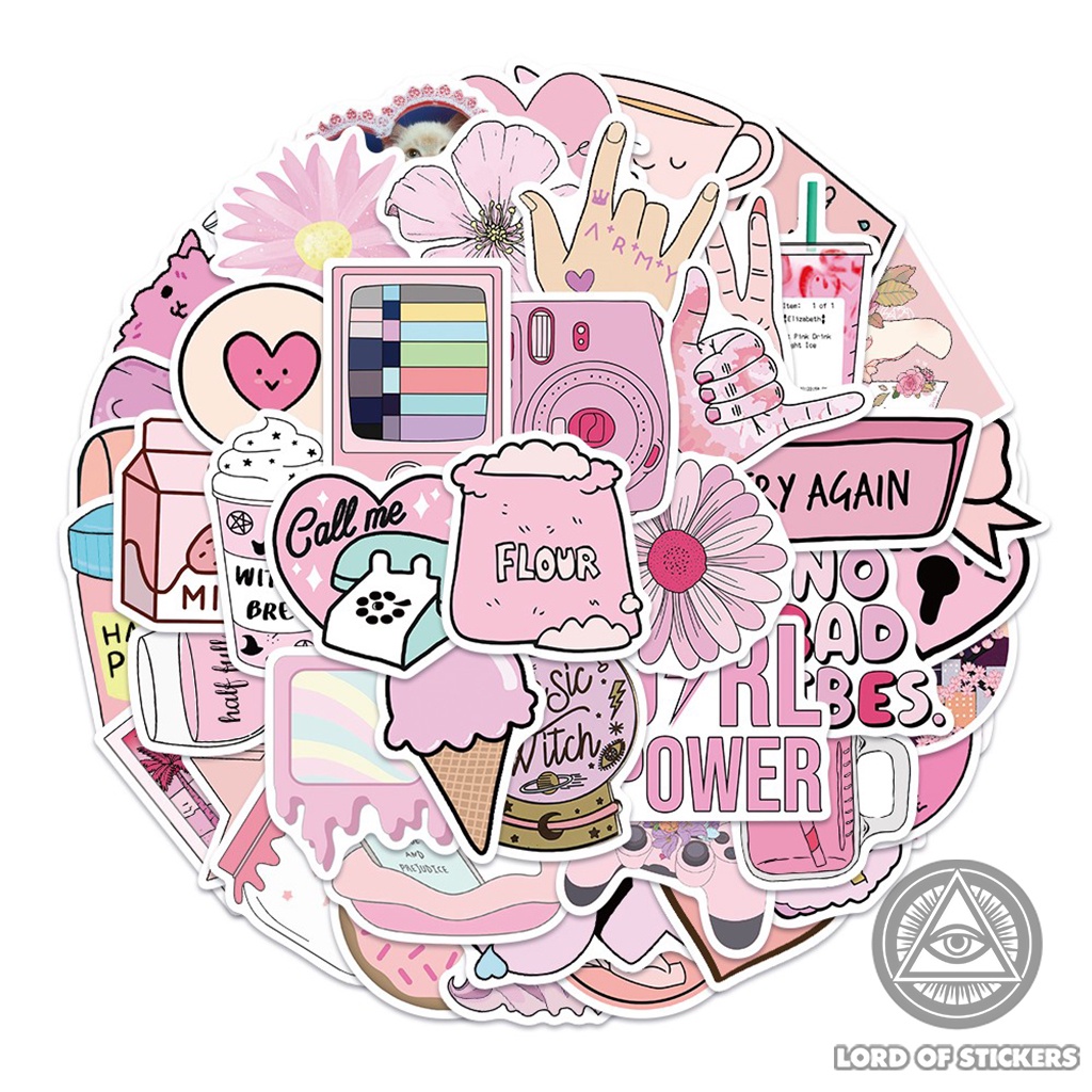 Set 50 Miếng Dán Sticker Họa Tiết Graffiti Màu Hồng Cute Chống Thấm Nước Trang Trí Mũ Bảo Hiểm, Điện Thoại, Laptop, Sổ