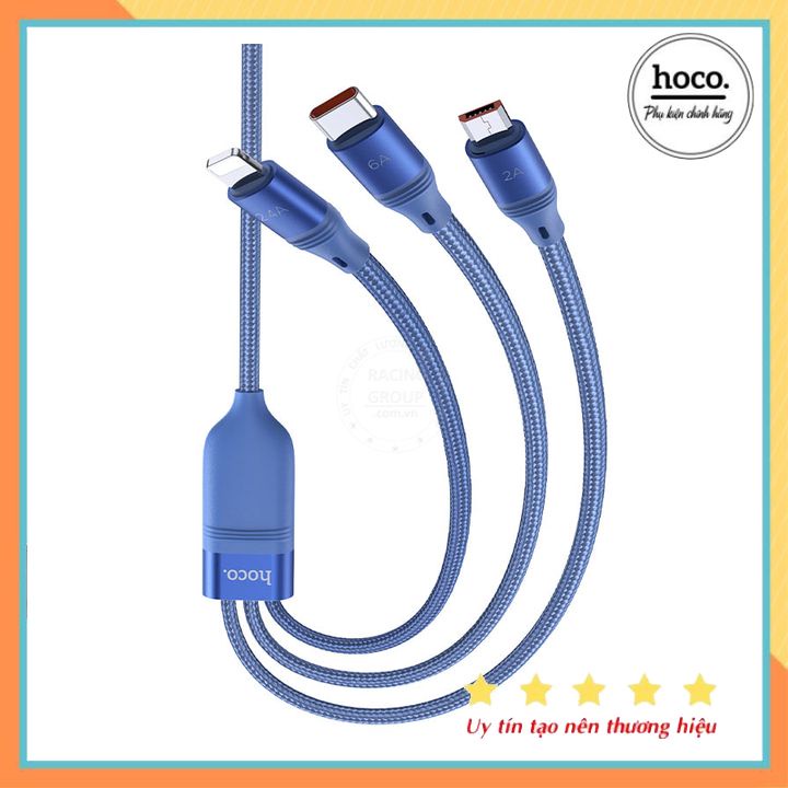 Cáp sạc nhanh và truyền dữ liệu 3 đầu 66W Hoco U104 hàng chính hãng bảo hành 12 tháng