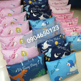 Gối đi học cho bé mầm non, tiểu học, THCS. Vải 100% cotton lụa Hàn quốc, được chọn mẫu vải, thêu theo yc