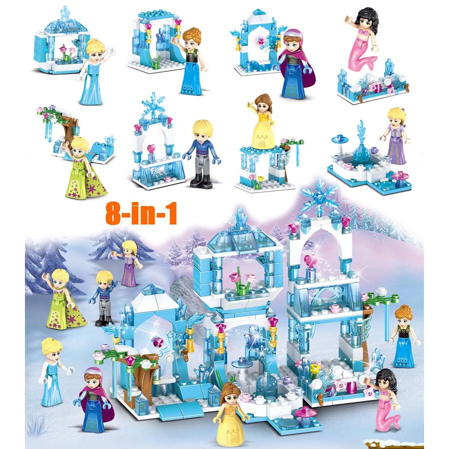Set 8 Mô Hình Lắp Ráp Lego Công Chúa Anna Elsa Belle Mermaid Cinderella 8 Trong 1 Cho Bé