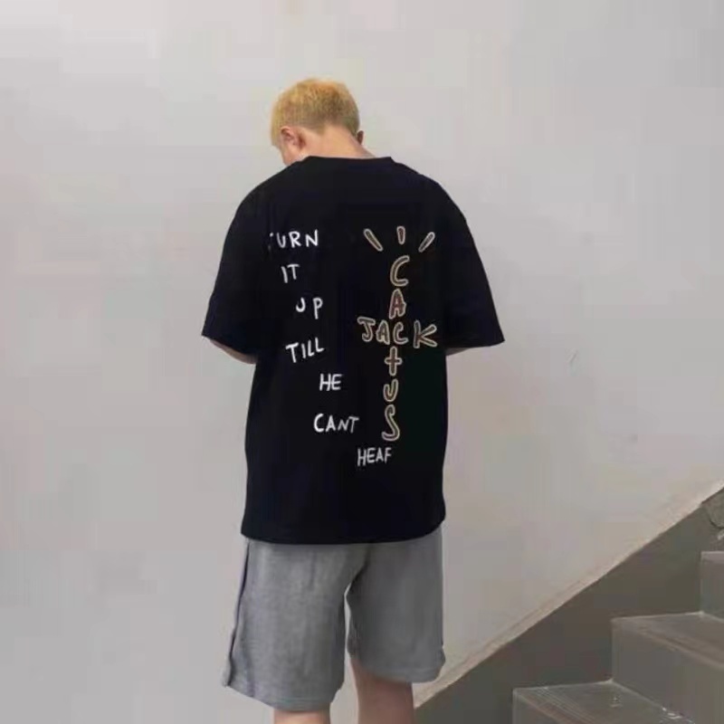 Áo thun cổ tròn ngắn tay dáng rộng phong cách Travis Scott Cactus Jack Sun Stickman phong cách đường phố Âu Mỹ