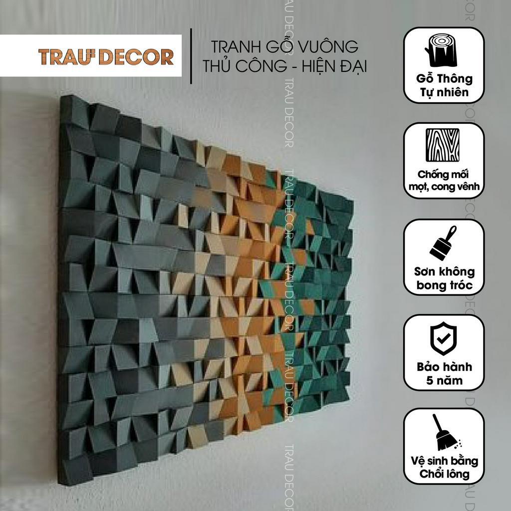 Tranh gỗ vuông Mosaic Wood trừu tượng thủ công Màu Xanh vàng trắng