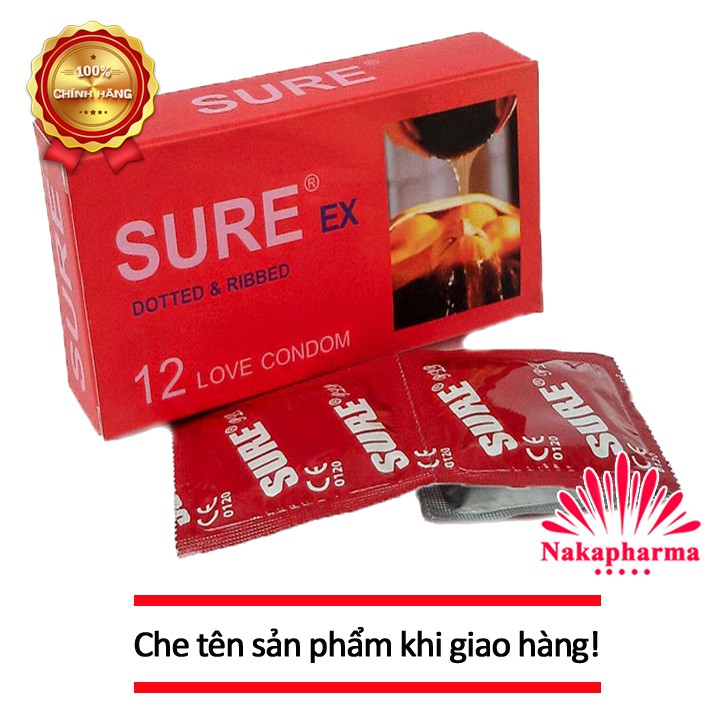 (CHE TÊN KHI GIAO) Bao cao su SURE mỏng, gân gai - Hộp 12 cái - BCS Sure đỏ