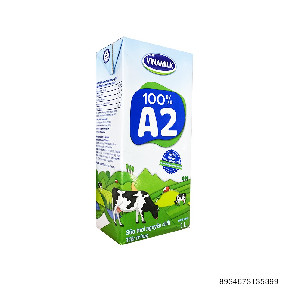 Thùng 12 hộp sữa tươi tiệt trùng Vinamilk 100% A2 không đường 1 lít/hộp