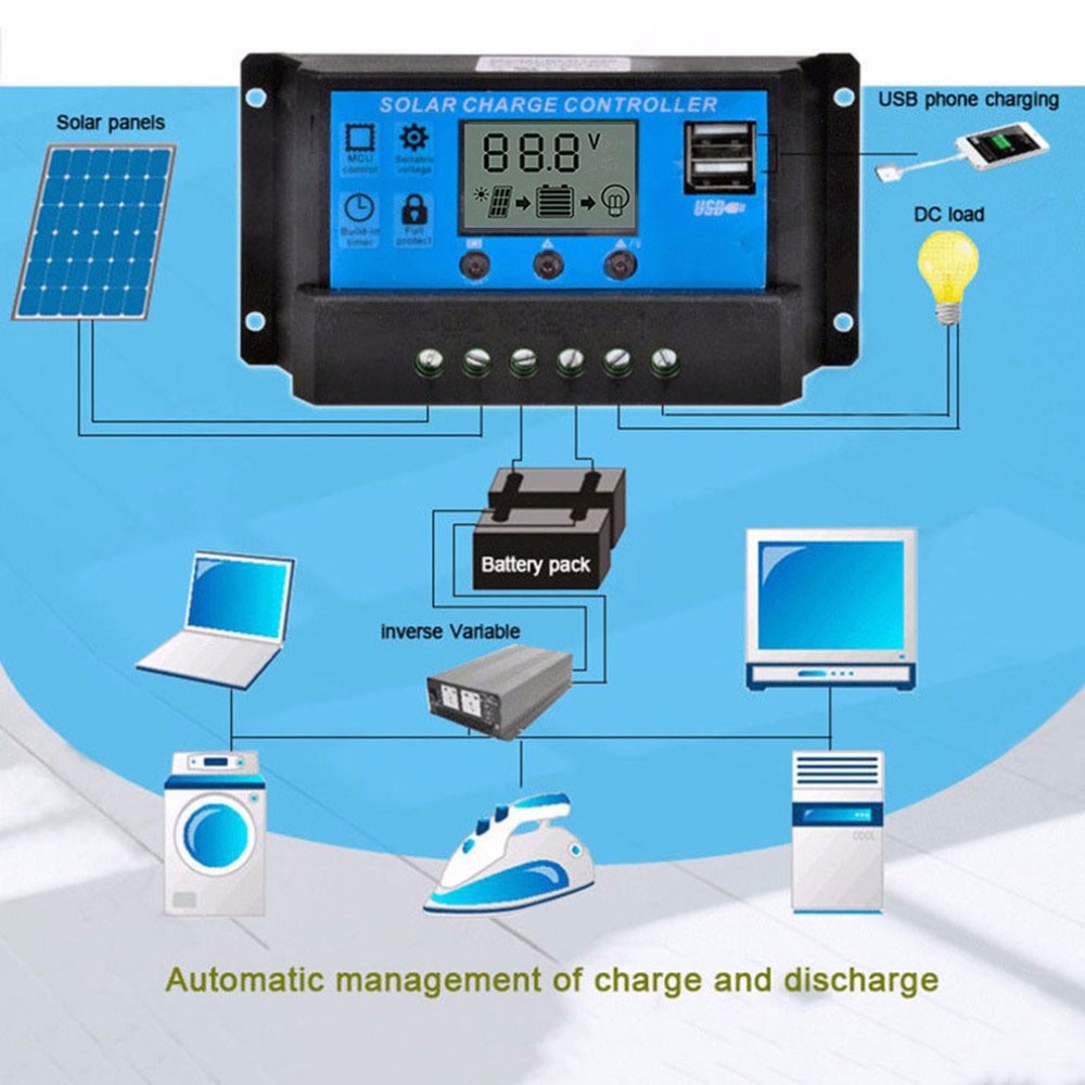 Bộ điều khiển sạc năng lượng mặt trời PWM màn hình LCD 2 cổng USB