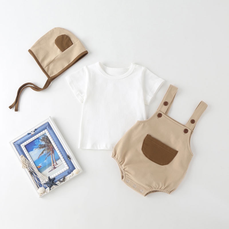 Bộ Áo Liền Quần Hai Mảnh Tay Ngắn Bằng Vải Cotton Dành Cho Bé Trai Bé Gái 0-24 Tháng Tuổi