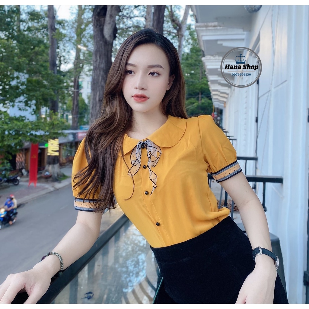 Áo sơ mi tay ngắn phối nơ đen