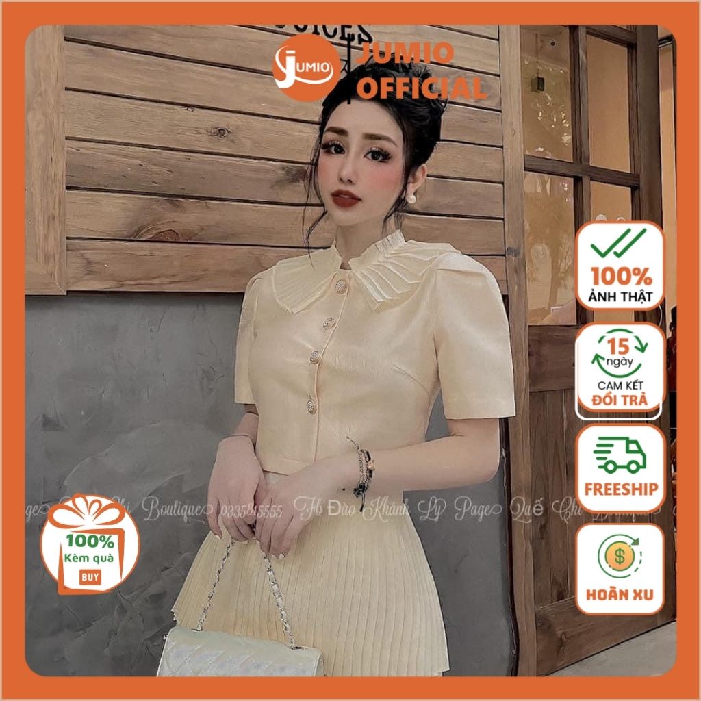 Set đồ nữ sang chảnh cá tính áo croptop tay ngắn có cổ đính cúc kèm chân váy xếp ly set váy nữ hàn quốc thu đông JUMIO