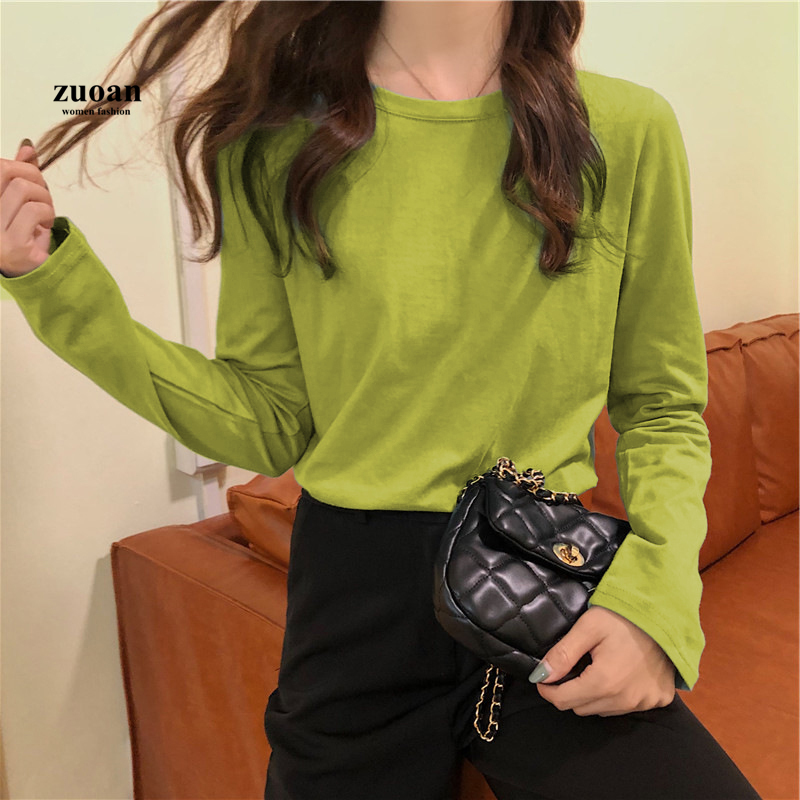 Áo thun SUXI tay dài dáng rộng màu trơn phong cách Hàn Quốc mùa thu đông cho nữ