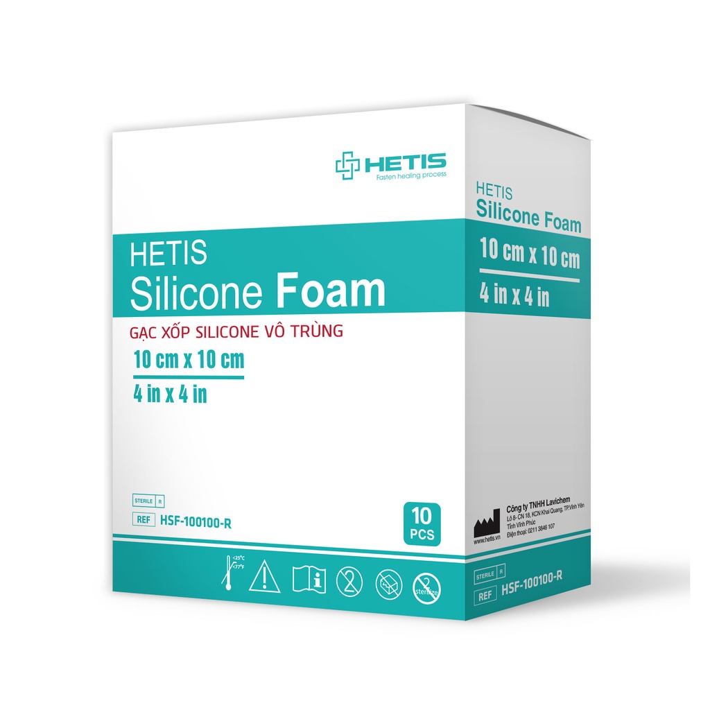 Hộp 10 Miếng Gạc Xốp Vô Trùng HETIS SILICONE FOAM Ngăn Nước, Bảo Vệ Vết Thương Khỏi Vi Sinh Vật Xâm Nhập