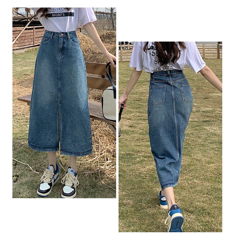 Chân váy jean dáng chữ A dài lưng cao thiết kế xẻ tà phong cách Mỹ retro thời trang mới dành cho nữ