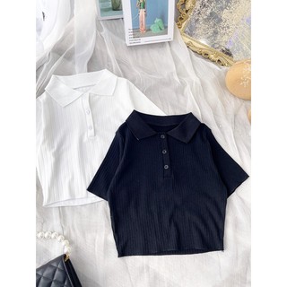Áo croptop gân đũa cổ bẻ