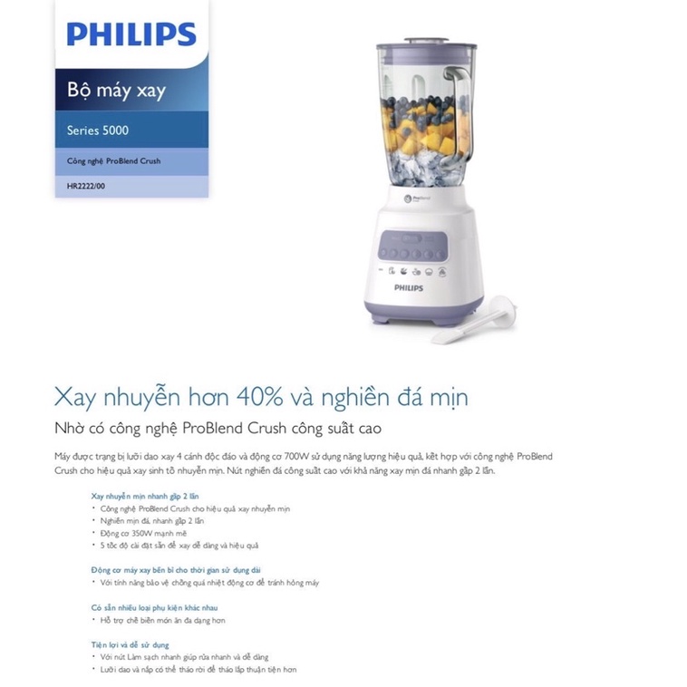 Máy xay sinh tố Philips HR2222 - Cối thủy tinh - Hàng chính hãng - Bảo hành 24 tháng
