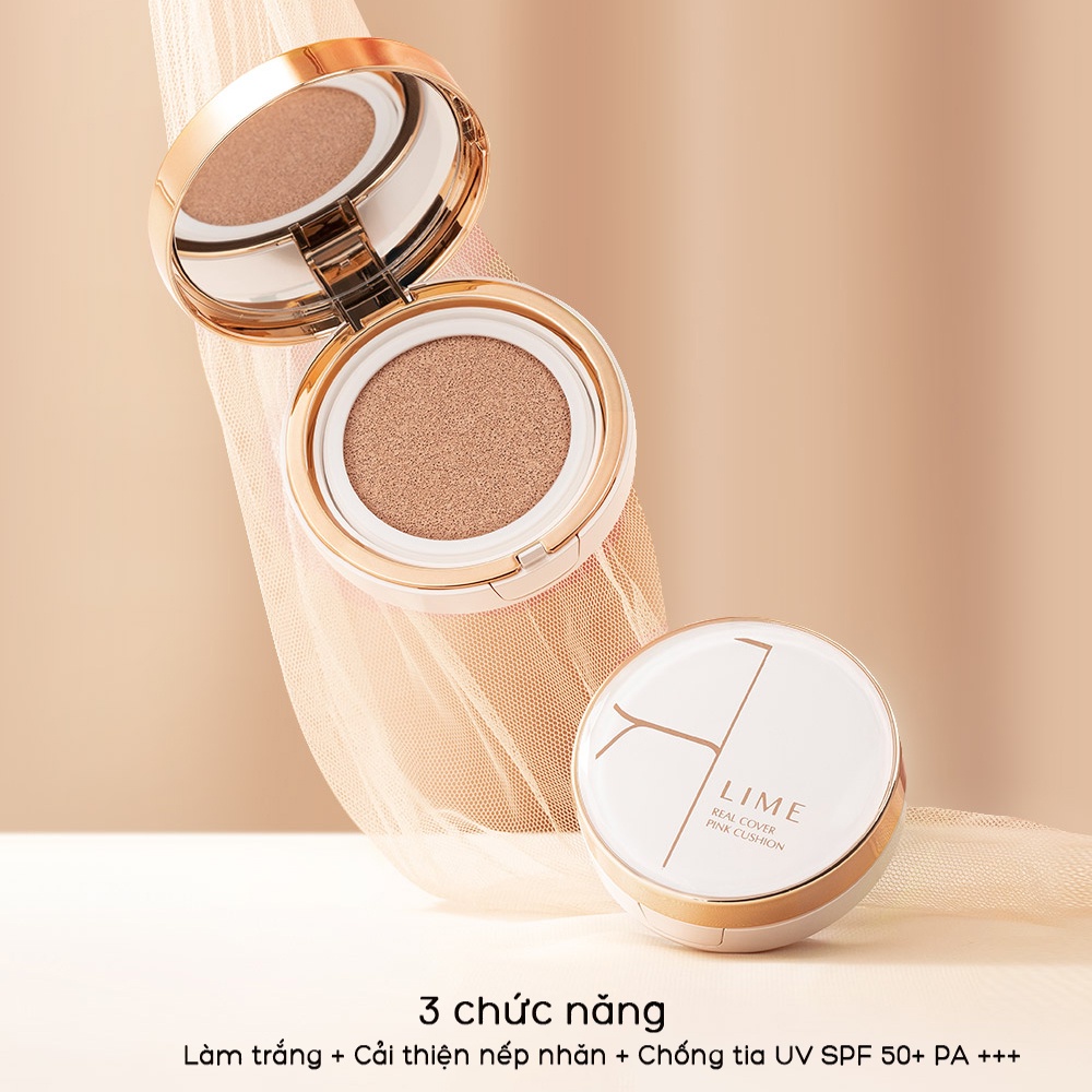 Phấn nước che khuyết điểm, kiềm dầu LIME Real Cover Pink Cushion SPF 50+/PA+++