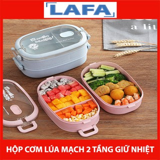 Hộp Cơm Lúa Mạch Giữ Nhiệt 2 Tầng Chống Tràn, Có Ngăn Và Kèm Thìa Đũa