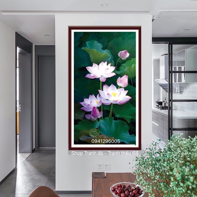 Tranh Đính Đá Hoa Sen LV246 (50x90cm) - tranh chưa đính đá