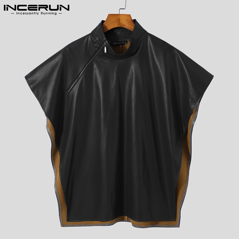 Áo INCERUN bằng da tay áo cánh dơi màu trơn kiểu dáng rộng rãi có dây khoá kéo thời trang cho nam