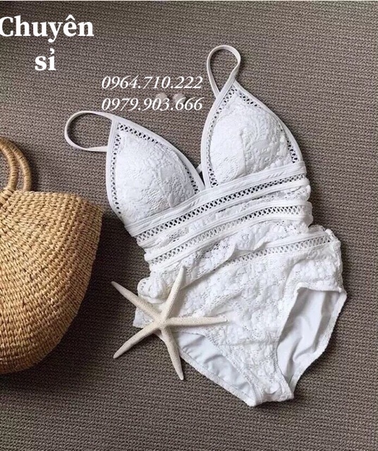 Set bikini liền ren trắng cực đẹp hàng QC