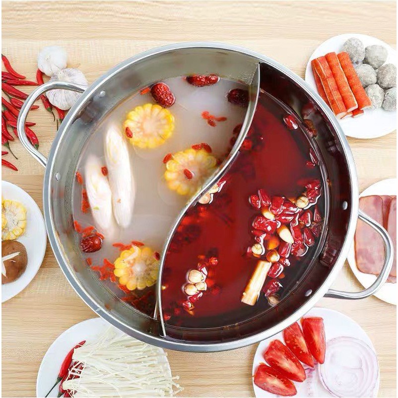 [Thánh lẩu Sanfulu] Nồi lẩu inox 2 ngăn 2 vị Hotpot cỡ lớn 30 cm