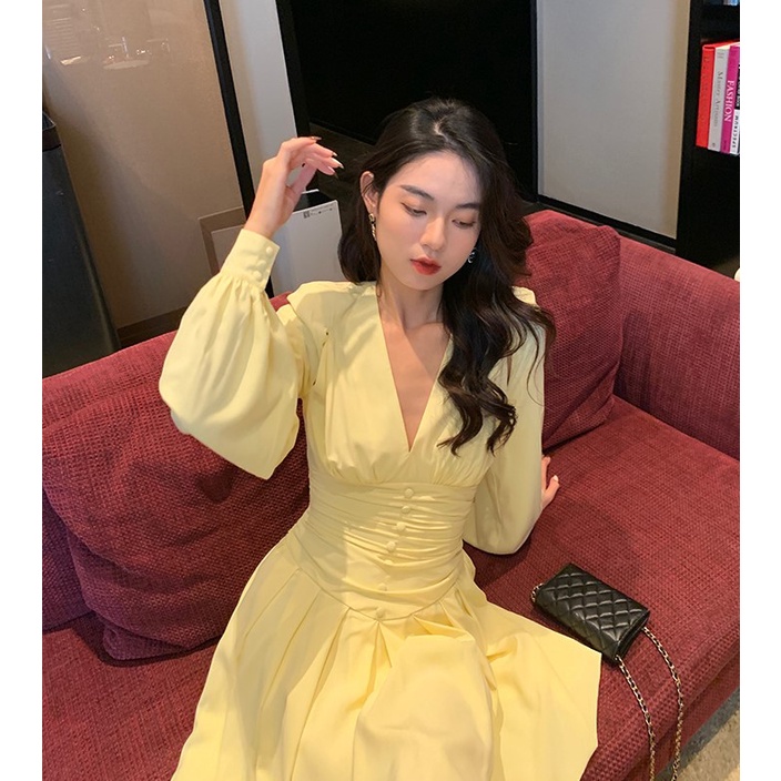 Đầm dáng xòe tay dài cổ v Emilyshop