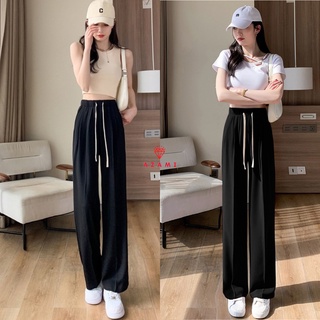 Quần ống rộng nữ cạp chun thun AZAMI lưng cạp cao dáng suông dài vải tuyết mưa, Quần tây ống rộng nữ mặc đi học đi làm