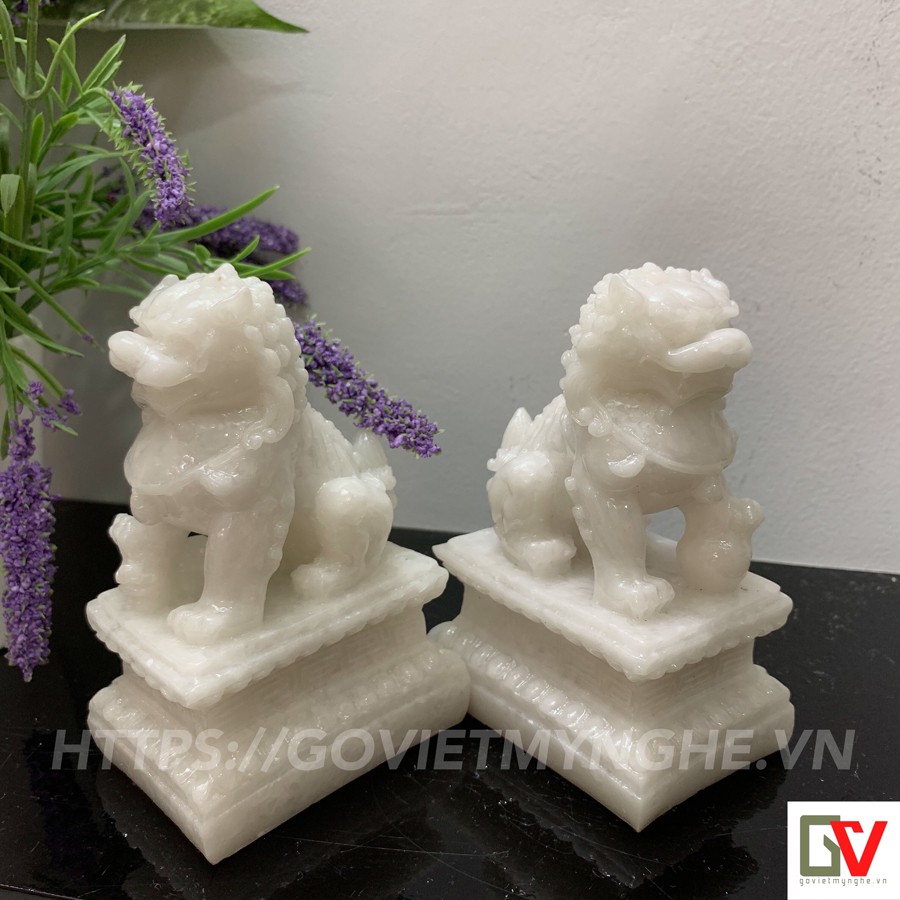 [Hóa sát - Trừ tà - Cải vận] Cặp 2 tượng kỳ lân trang trí phong thủy - Cao 12cm - Màu trắng đá non nước