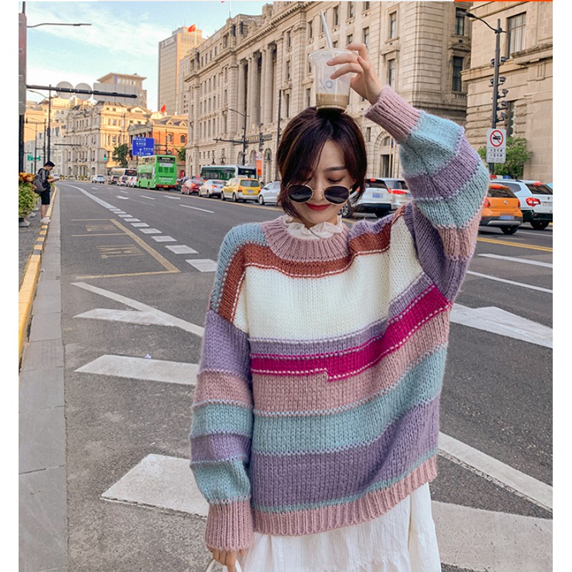 Áo sweater thời trang dáng rộng phong cách Hàn Quốc họa tiết sọc cá tính