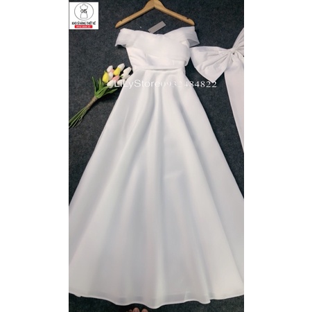 ĐẦM XOÈ MẶC CƯỚI BẸT VAI NƠ SAU full size :S/M/L/XL