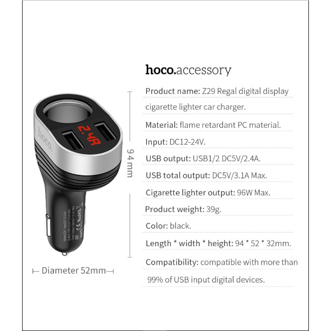 Cốc Sạc Ô Tô Hoco Z29 Plus 1 Tẩu Sạc, 2 Cổng Sạc USB- Bảo hành 1 năm