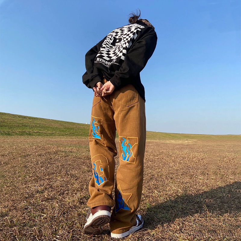 Quần jean dáng rộng thêu họa tiết phong cách hip hop đường phố dành cho nữ