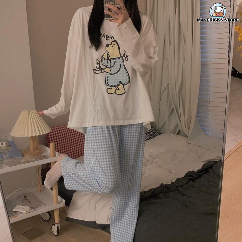 Bộ đồ ngủ tay dài in hoạt hình gấu pooh phong cách nhật bản thời trang mùa thu cho nữ