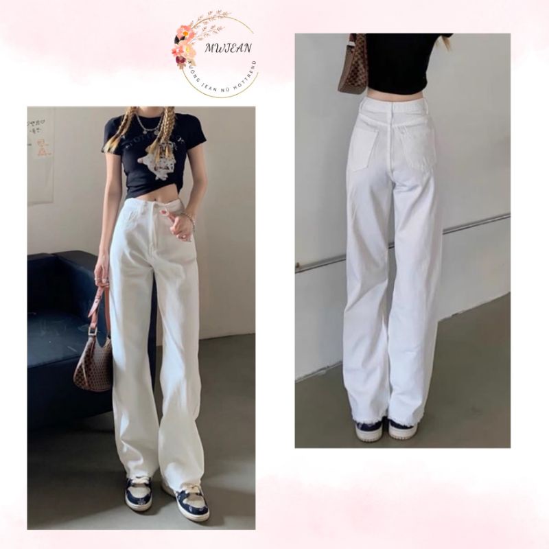 Quần jeans ống rộng trắng cạp cao hack eo cực thon kéo chân siêu đỉnh Hot 2022