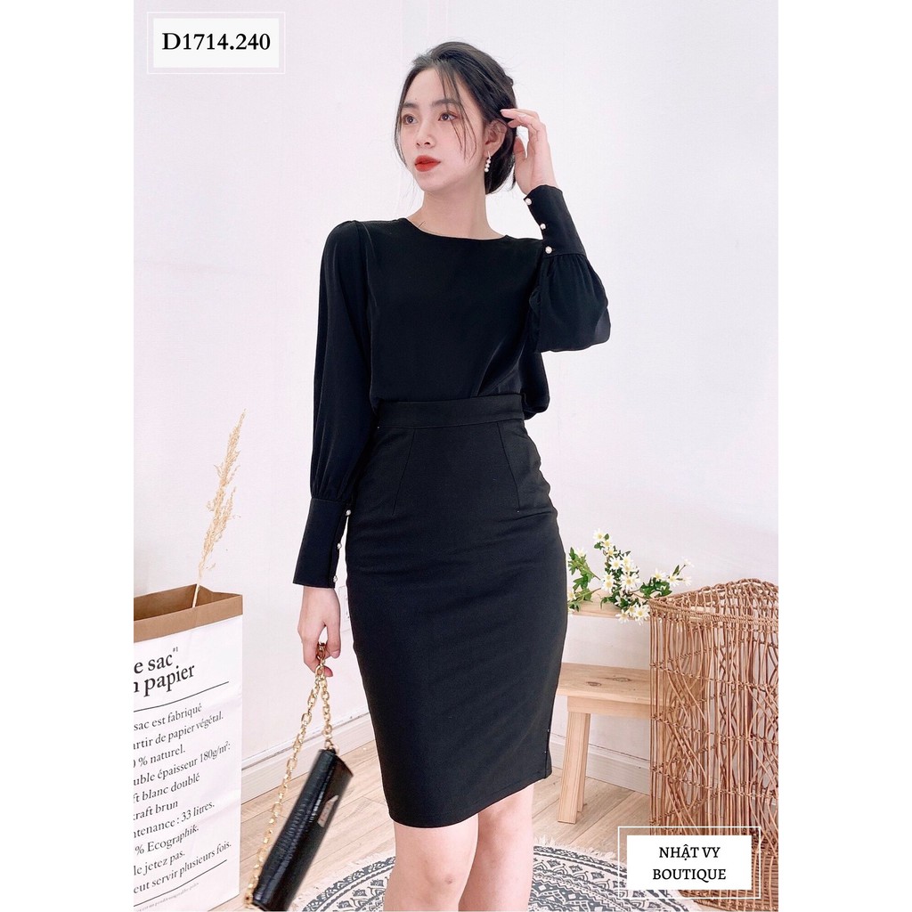 Áo Nữ NHẬT VY Cổ Tròn Đính Cúc Tay Dài Công Sở Chất Mango Màu Đen, Trắng, Nude  - D1714