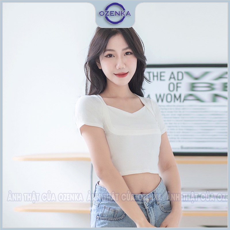 Áo croptop nữ ôm tay ngắn cổ vuông OZENKA , áo crt kiểu hàn quốc tôn ngực thun gân 100% cotton màu đen trắng đẹp