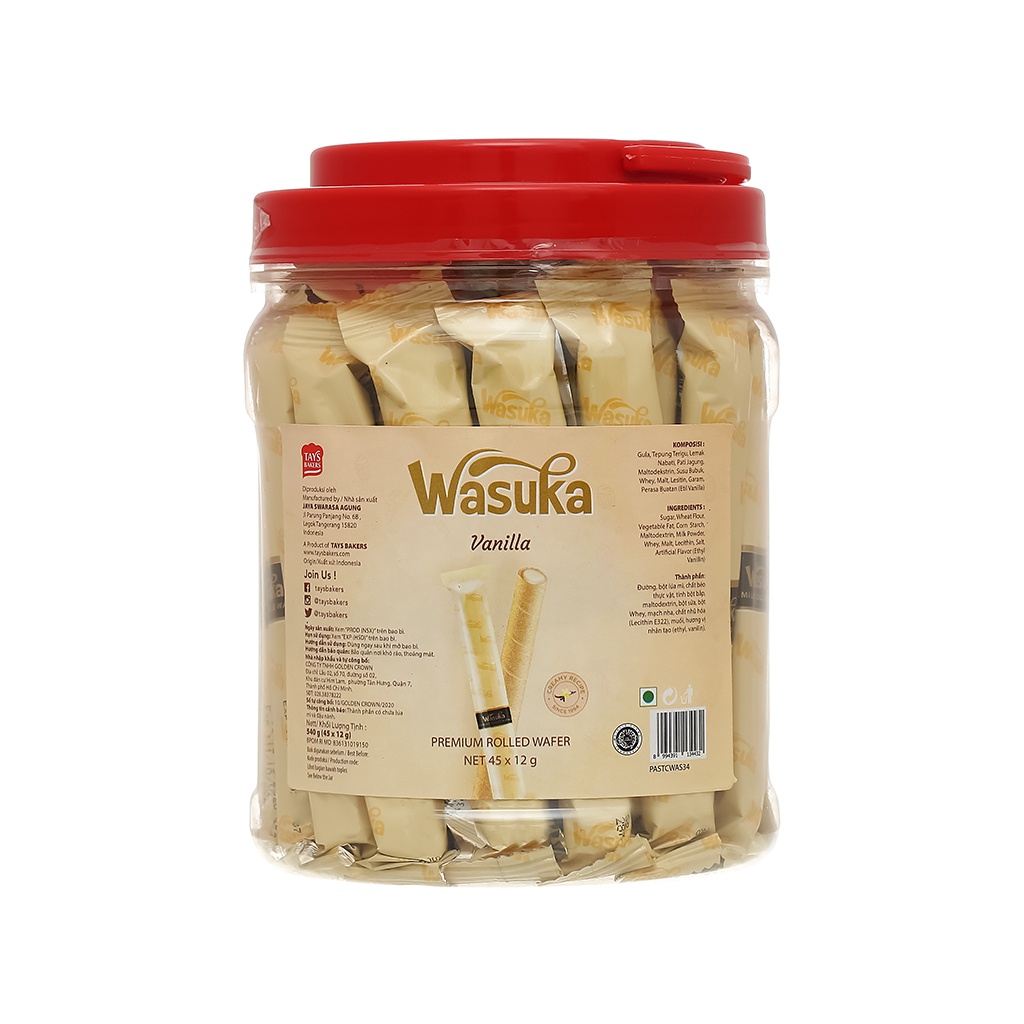 Bánh Quế Wasuka Premium Rolled Wafer Vị Vani (Hủ 45 cây x 12g)