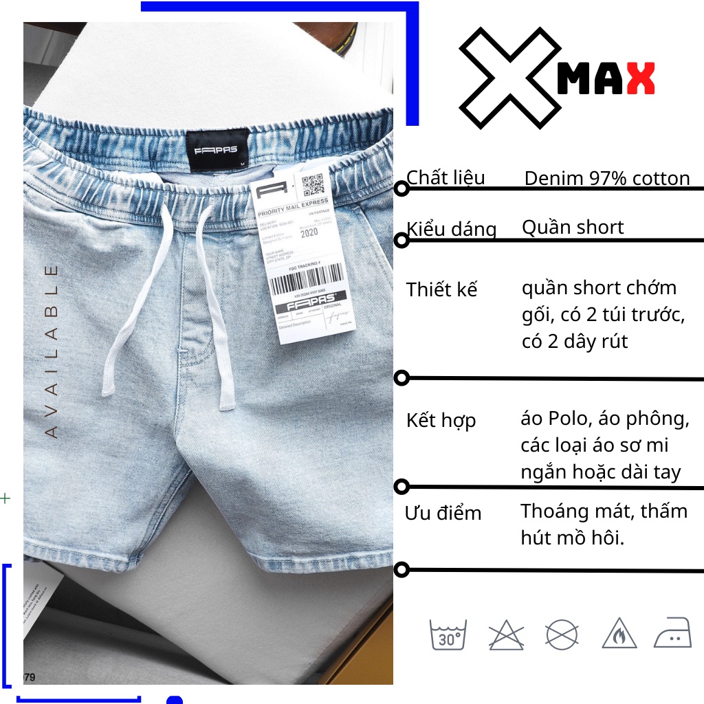 quần short jean nam cạp chun cao cấp, quần lửng bò có dây rút xịn xò cao cấp Xmax B029