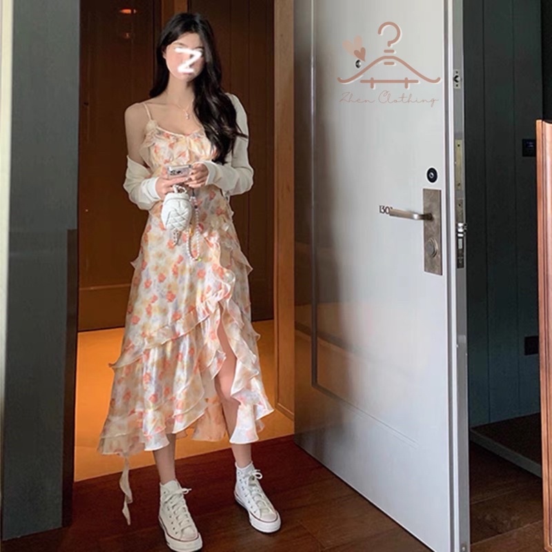 Đầm hai dây hoa xẻ tà tầng chéo ngọt ngào, váy hai dây đi biển