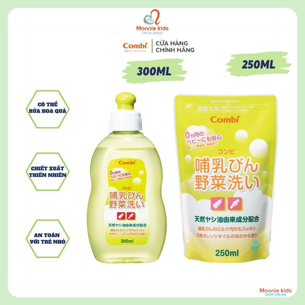 Combo nước rửa bình cho bé Combi, nước rửa bình sữa và rau quả an toàn cho trẻ - Monnie Kids