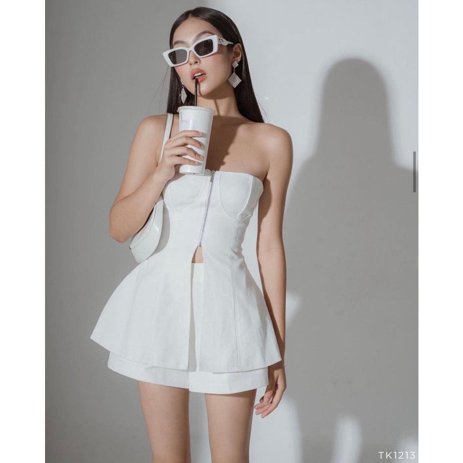 Set Áo Ống Dây Kéo + Short Sexy Đi Tiệc / Du Lịch Sang Trọng Màu Trắng
