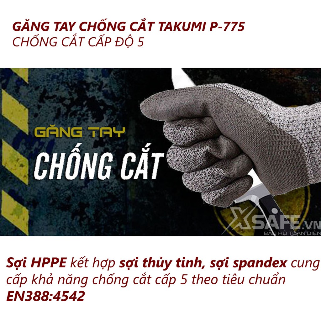 Găng tay chống cắt Takumi P-775 cấp độ 5 độ khéo léo cao - lòng bàn tay phủ PU chống dầu, tăng độ bám Găng tay bảo hộ