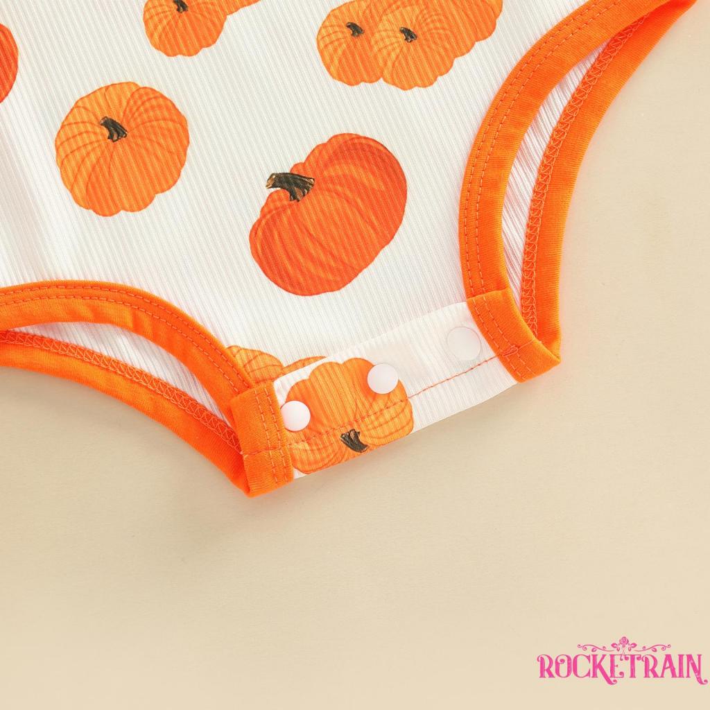 Áo Liền Quần Dài Tay Cổ Tròn Họa Tiết Bí Ngô Halloween Cho Bé